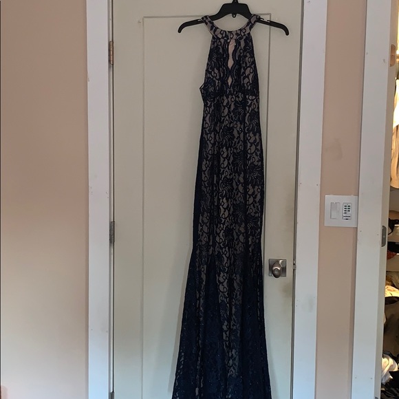 PROM DRESS deep blue w/ lace and nude lining - Picture 3 of 7